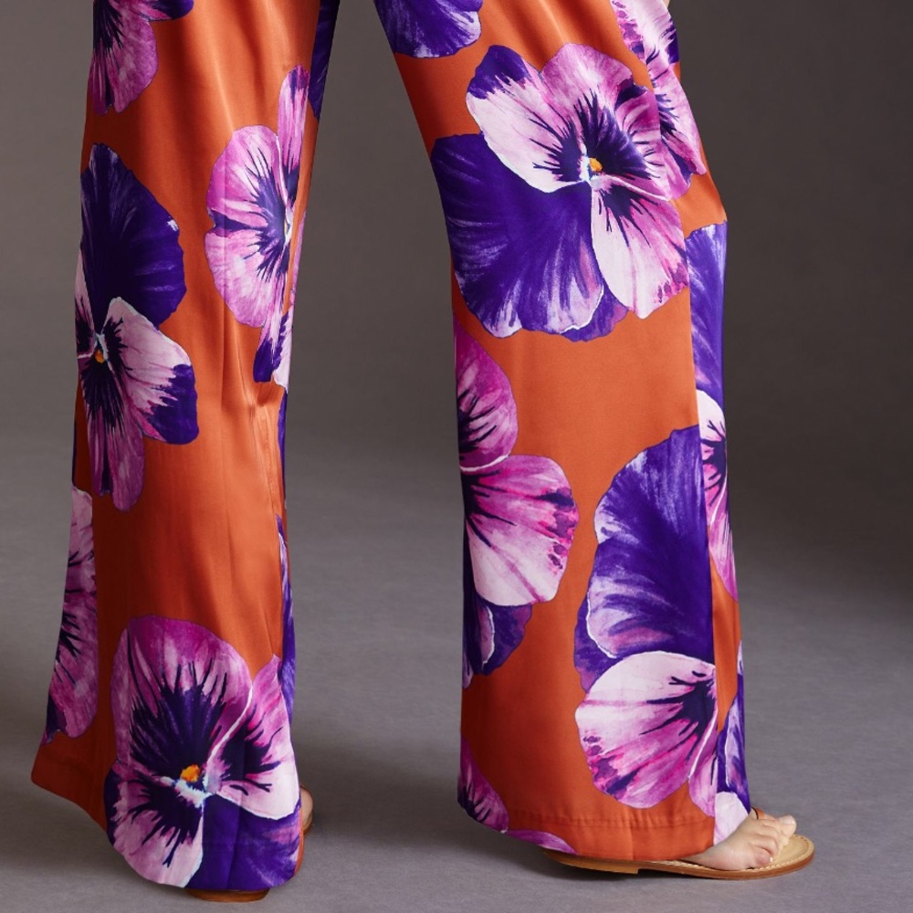 Anthropologie Wide-Leg Pants in Rust with Purple & Pink Floral Print - Picture 6 of 12